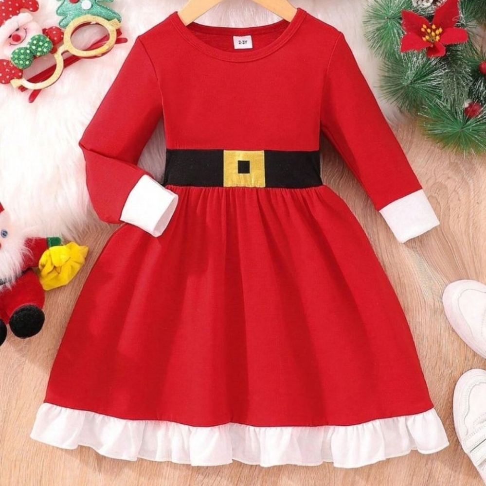 Red and White Kid Santa Long Sleeve Dress, EUC Like New